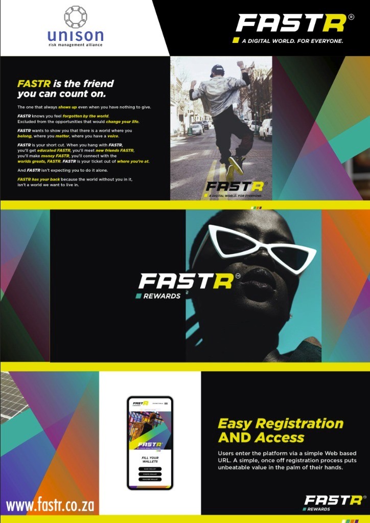 A promotional poster for FASTR titled "FASTR is the friend you can count on," featuring a young man jumping in a street. It explains the brand's mission of digital inclusion and provides the website URL www.fastr.co.za.