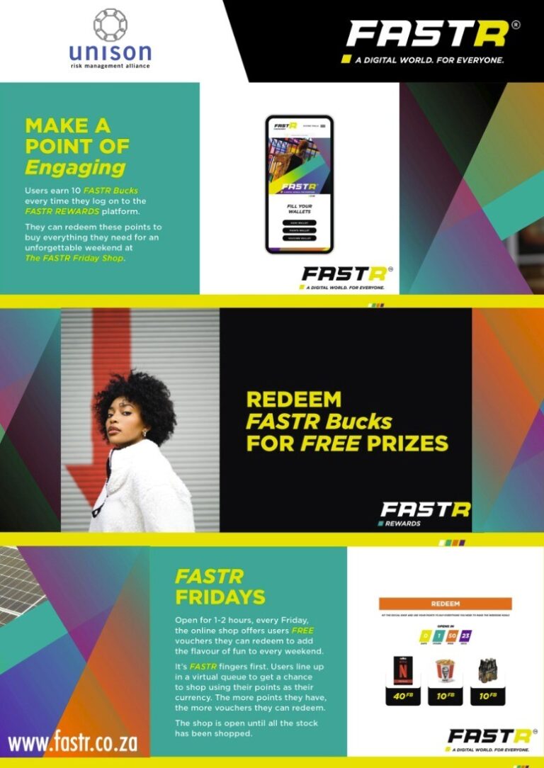 A marketing graphic explaining how to earn 10 FASTR Bucks per login. It features a woman in a white fleece jacket and details "FASTR Fridays," where users can redeem points for free prizes and vouchers like KFC and Nando's.