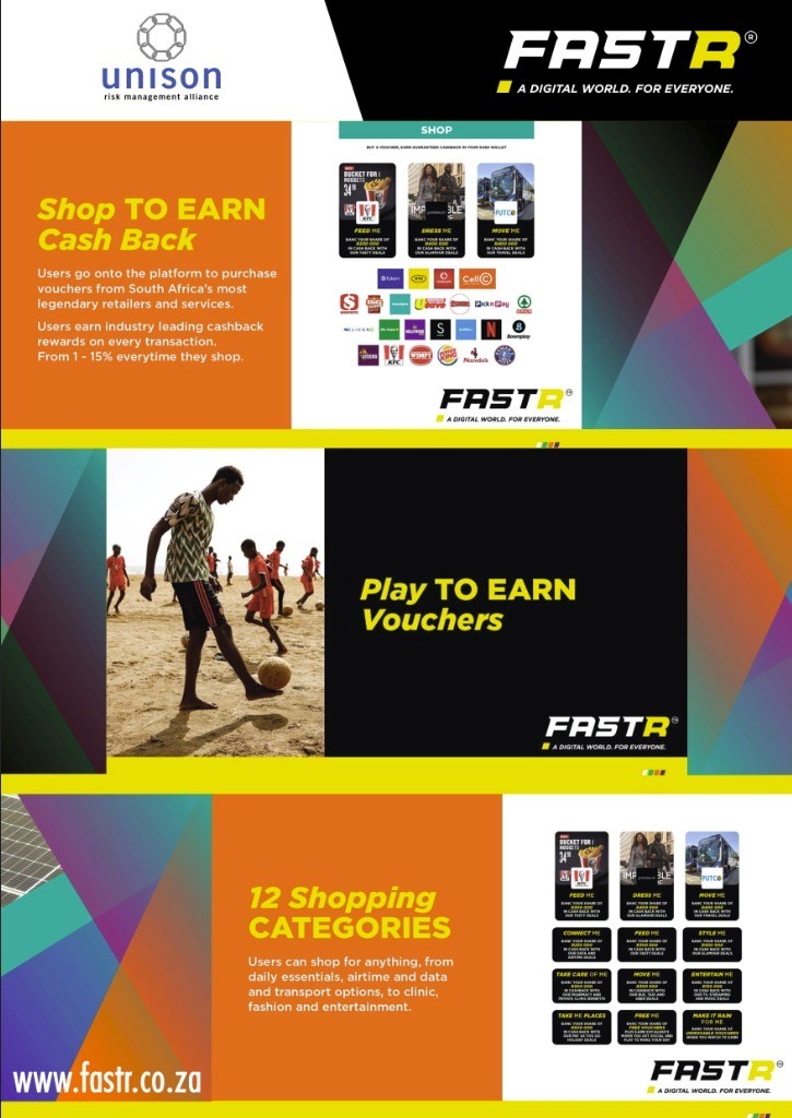 A poster titled "Shop TO EARN Cash Back" displaying 12 shopping categories and various South African retail logos including Checkers, Pick n Pay, Shoprite, and MTN. It mentions users can earn 1-15% cashback on transactions.